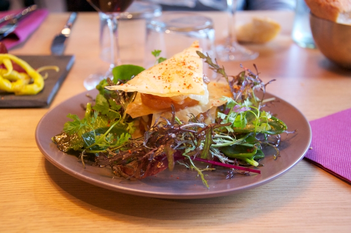 Turnip conserve Millefeuille with honey - Ossau Iraty (ewe cheese) - Salad mix with white truffle oil
